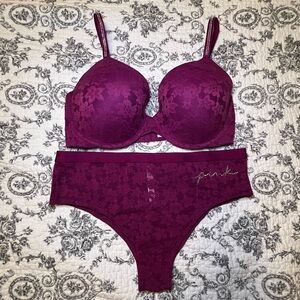PINK Merlot Wine Colored Shine Logo Bra & Panty Set